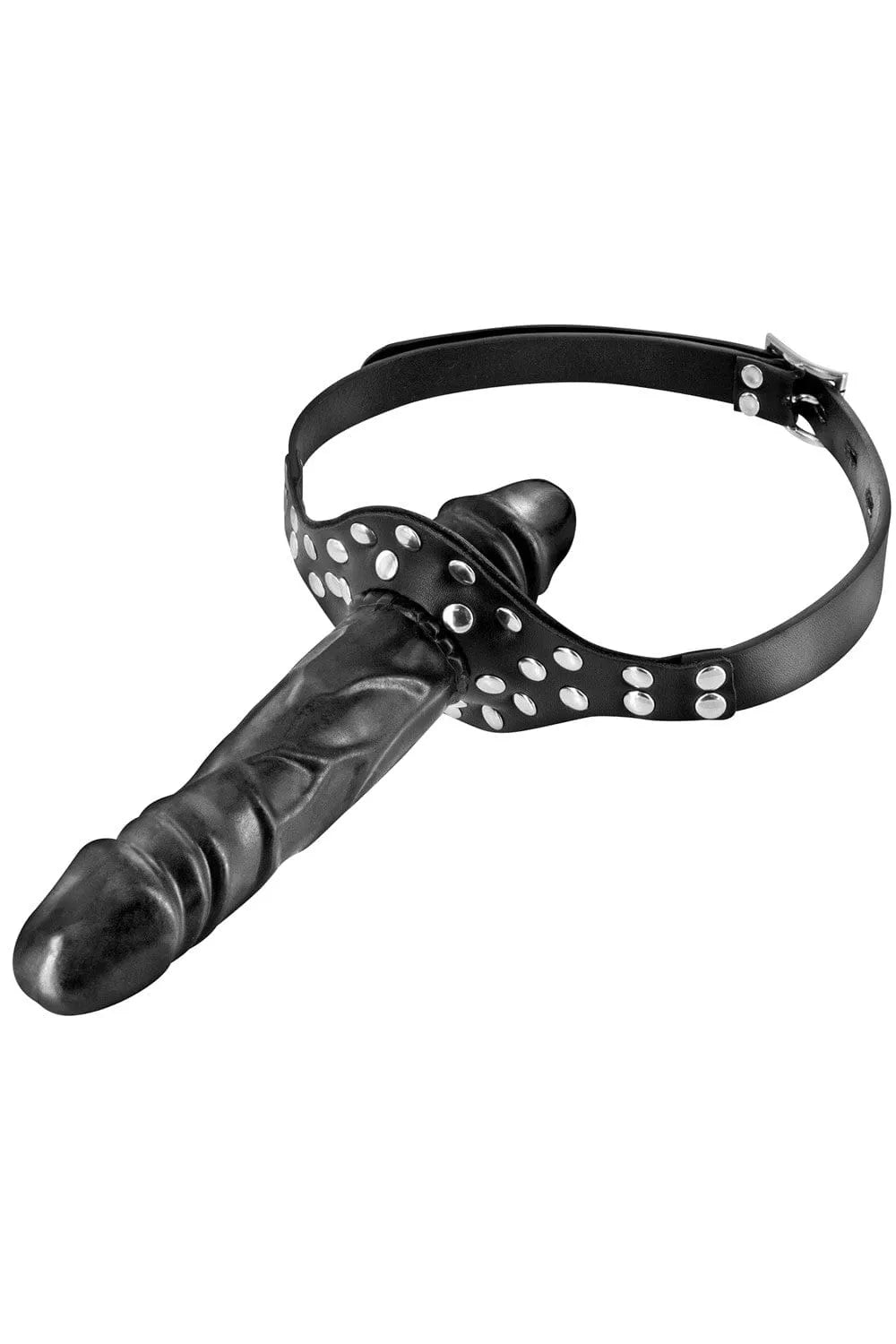 Bâillon BDSM noir avec rivets argentés, double gode pénétrant et sortant, réglable 45-60 cm, sans phtalates.