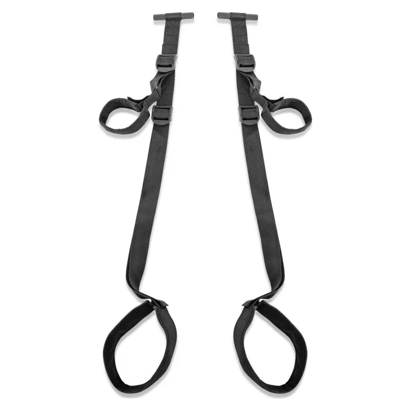 Balançoire érotique noire réglable pour porte, sangles ajustables, supports rembourrés, poignées sécurisées, tubes acrylique.