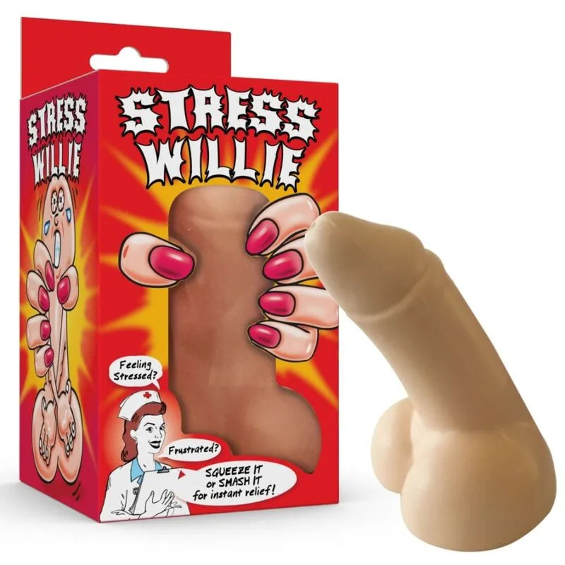 Balle antistress phallique beige 12cm, texture souple, boîte rouge humoristique, relaxation féminine, cadeau insolite.