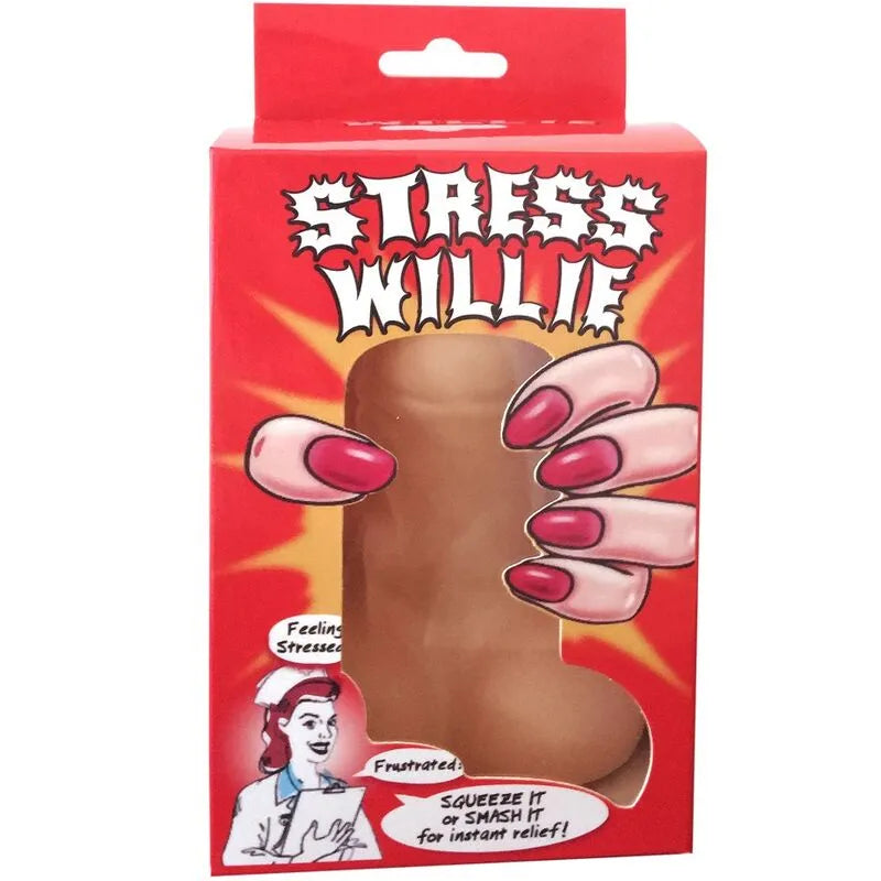 Balle antistress humoristique en forme de pénis, couleur chair, dans une boîte rouge avec illustrations amusantes.