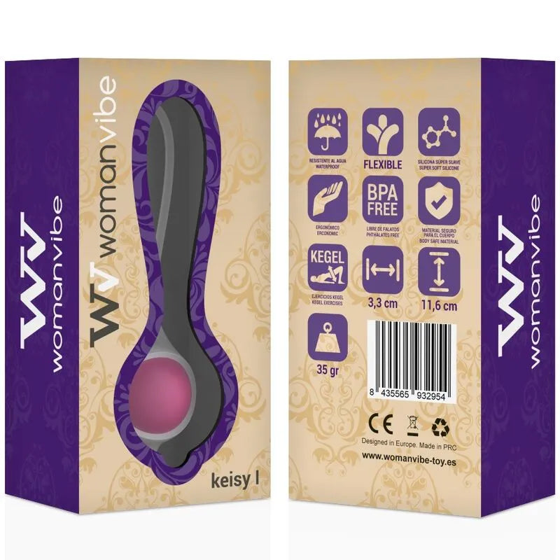 Balle chinoise silicone douce violette et noire, ergonomique, dans un emballage élégant avec détails produit.