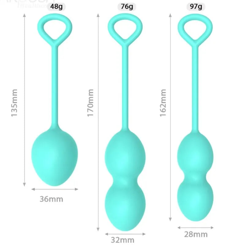Balles de geisha vertes en silicone, formes sphériques, tailles et poids variables pour renforcement pelvien.