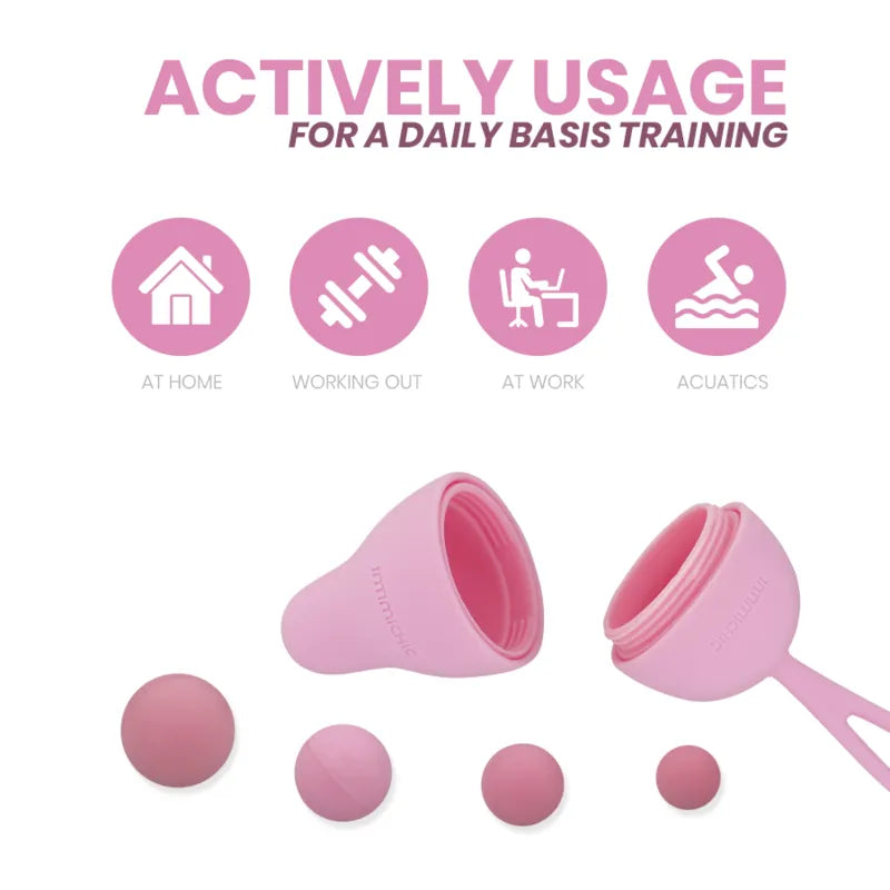 Balles Kegel roses en silicone hypoallergénique avec poids progressifs, sac satin et manuel multilingue inclus.