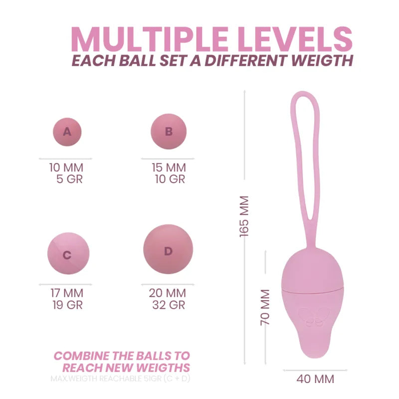 Balle Kegel rose en silicone hypoallergénique, ergonomique, avec poids progressifs et sac satin pour renforcement pelvien.