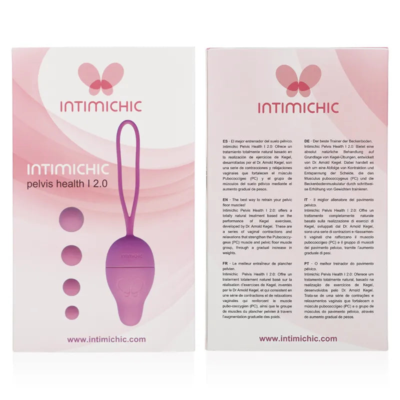 Balle Kegel rose en silicone hypoallergénique avec cordon, poids progressifs, boîte blanche et rose, marque Intimichic.