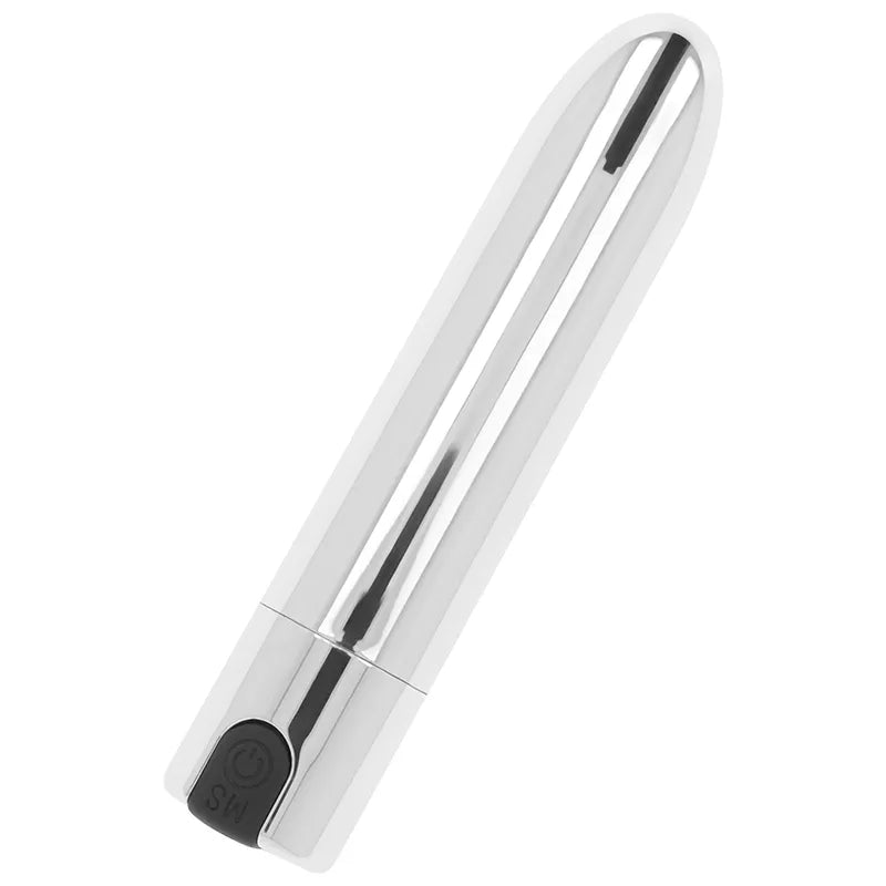 Balle vibrante argentée compacte, finition élégante, rechargeable USB, sans phtalates, dix modes de vibrations.