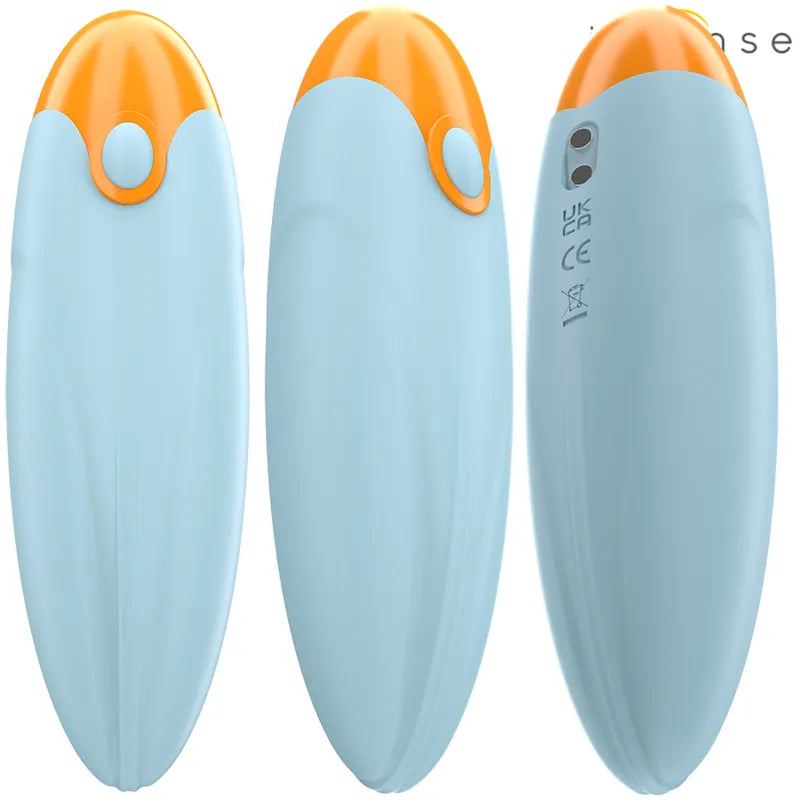 Balle vibrante bleue étanche en silicone, compacte, ergonomique, rechargeable, dix modes, sans phtalates.