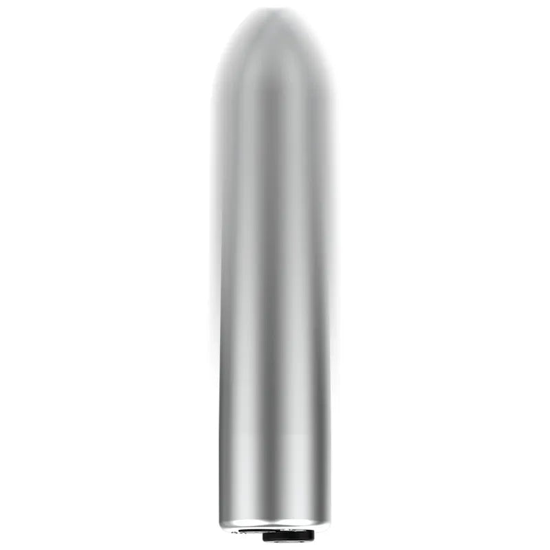 Balle vibrante compacte argentée, rechargeable USB, 10 modes, forme cylindrique, 85mm, discrète et puissante.