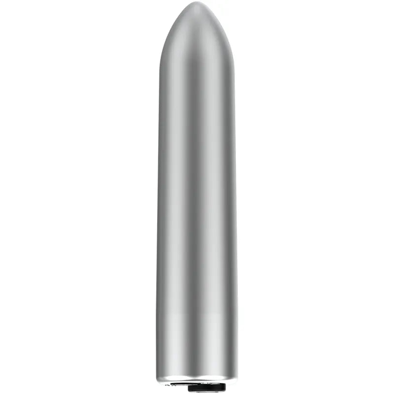 Balle vibrante compacte argentée, rechargeable USB, 10 modes, 85mm, forme allongée, surface lisse et discrète.