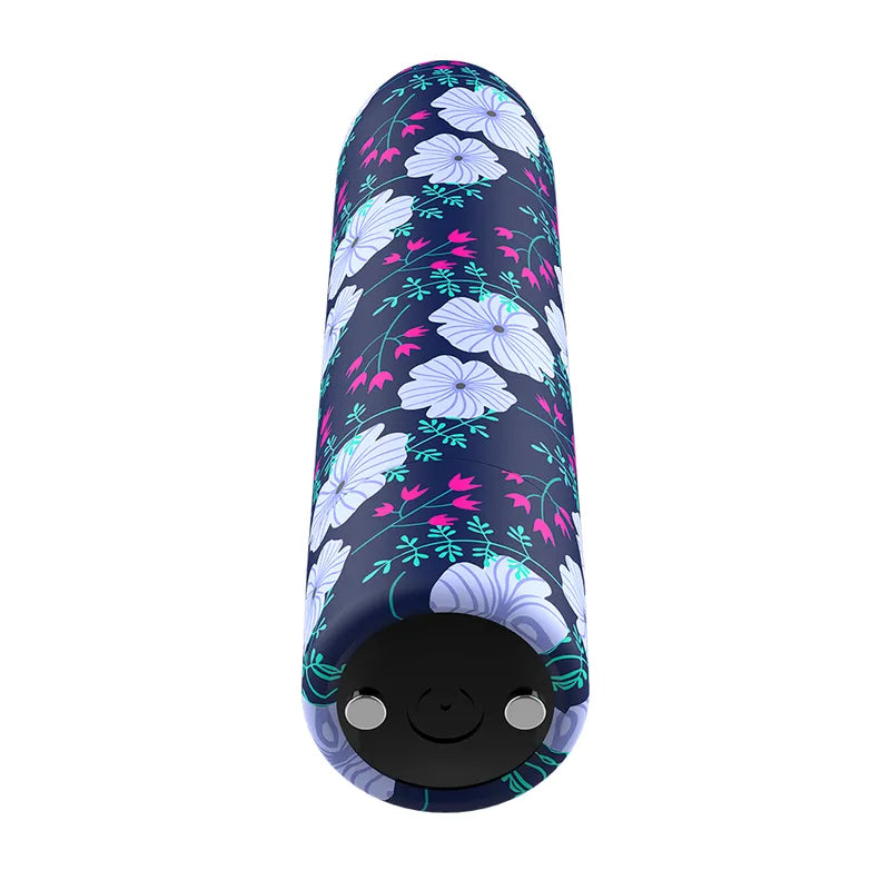 Balle vibrante compacte en silicone bleu avec motifs floraux, rechargeable, 10 modes, élégante et discrète pour voyage.