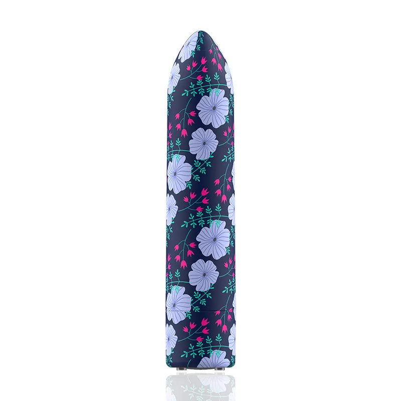 Balle vibrante compacte en silicone bleu à motifs floraux, élégante et discrète, idéale pour voyage et usage personnel.