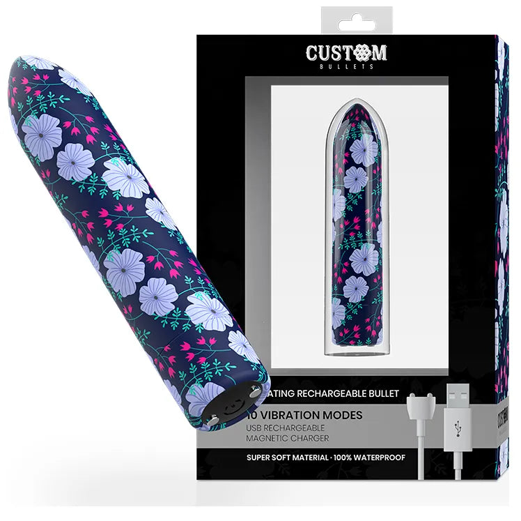 Balle vibrante compacte en silicone bleu à motifs floraux, rechargeable, 10 modes, submersible, avec emballage élégant.