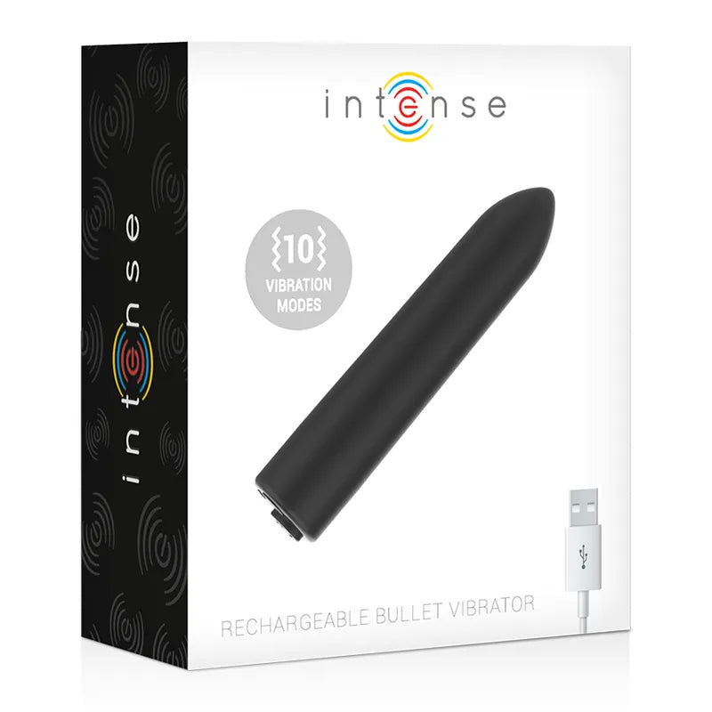 Balle vibrante noire compacte, forme allongée, 10 modes, rechargeable USB, emballage moderne, design discret et ergonomique.