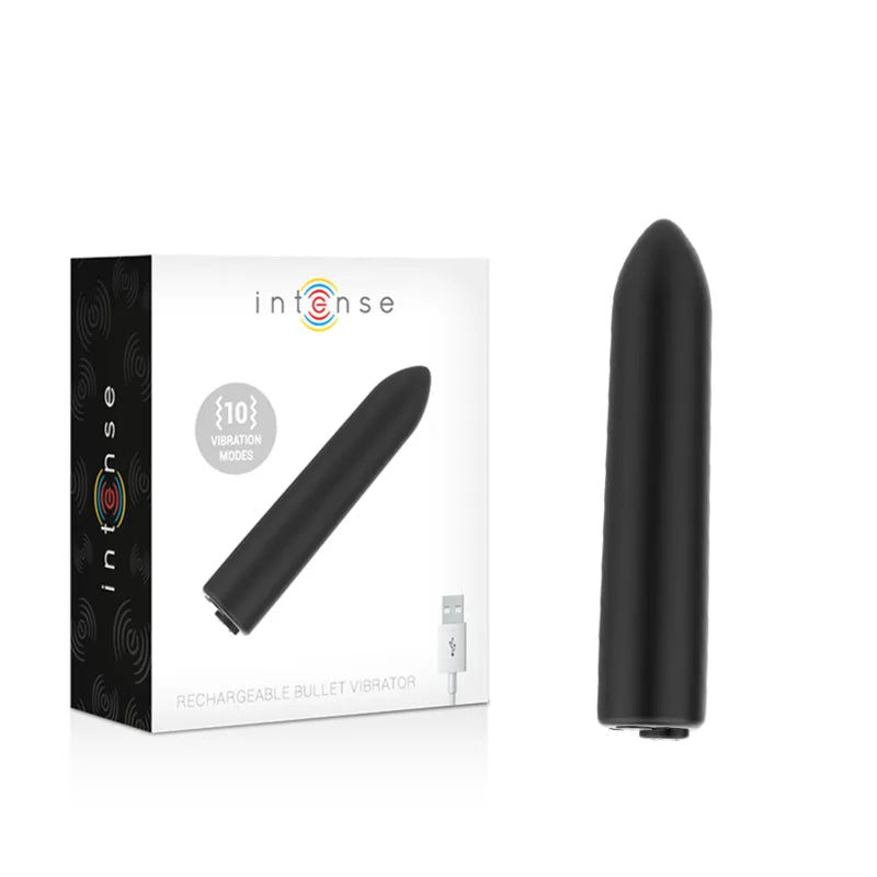 Balle vibrante noire compacte, forme allongée, avec boîte illustrée, 10 modes, rechargeable USB, design discret et ergonom...