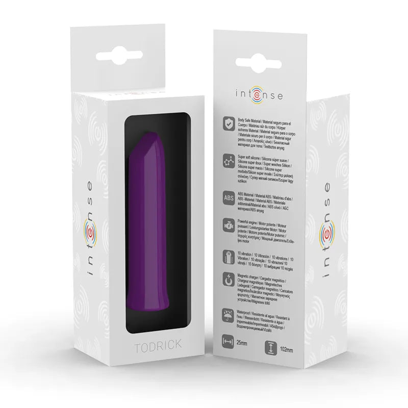 Balle vibrante violette en silicone, compacte, étanche, rechargeable, avec dix modes de vibration, dans son emballage.