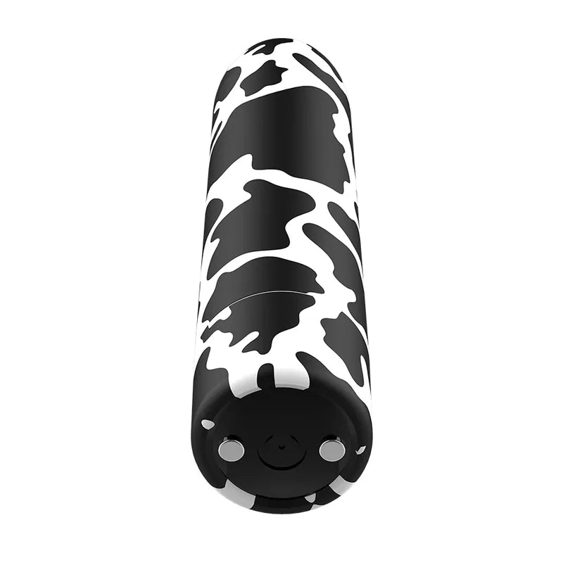 Balle vibrante compacte en silicone noir et blanc, forme cylindrique, étanche, 10 modes, rechargeable, design moderne.