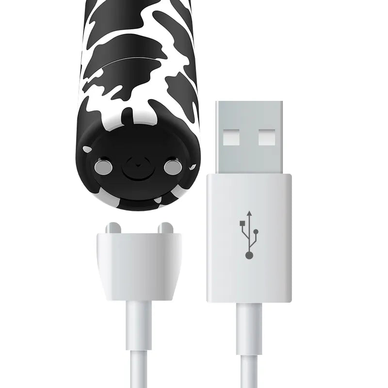 Balle vibrante compacte noire et blanche en silicone avec chargeur magnétique USB, 10 modes, étanche et portable.