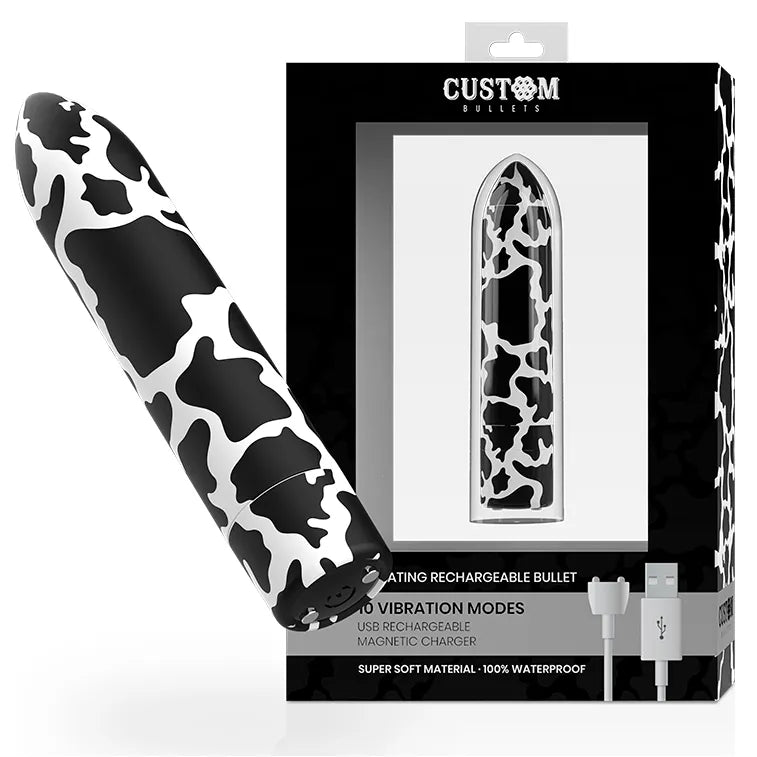 Balle vibrante compacte noire et blanche en silicone, étanche, avec 10 modes, dans un emballage élégant.