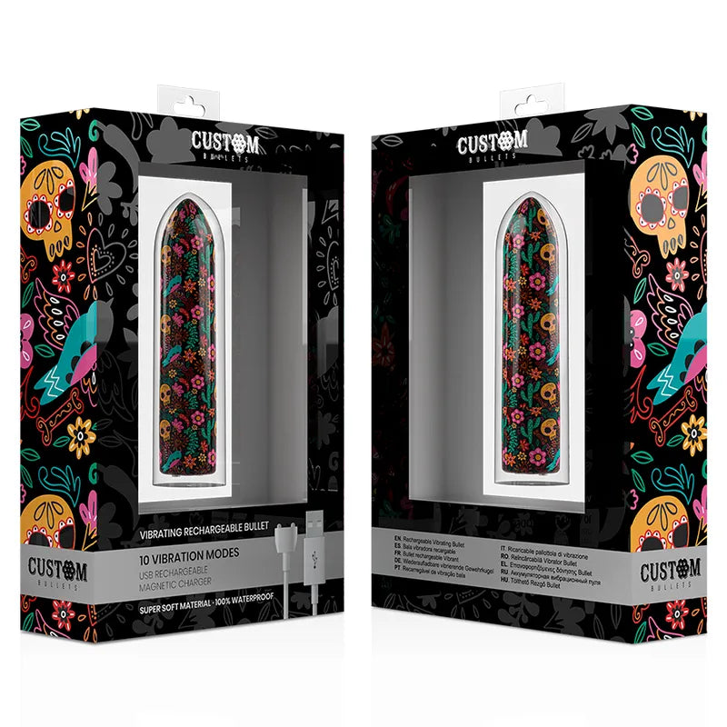 Balle vibrante compacte en silicone noir avec motifs colorés, 10 fonctions, étanche, chargeur magnétique inclus.