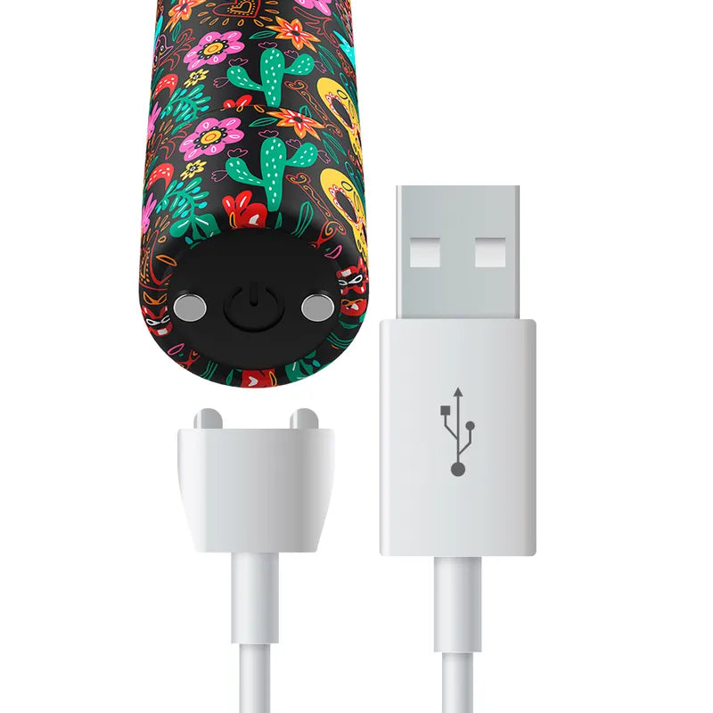Balle vibrante silicone noire motifs colorés, chargeur magnétique USB, compacte, étanche, 10 fonctions, ergonomique.