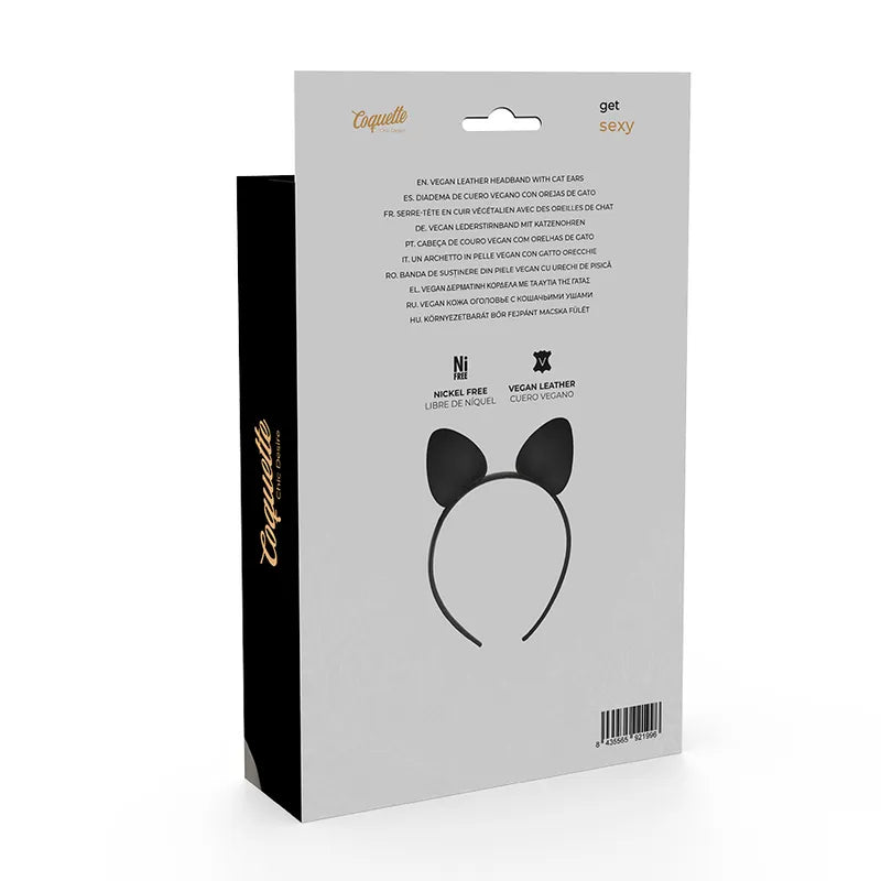 Bandeau noir en cuir végétalien avec oreilles de chat, élégant et durable, sur fond blanc, emballage visible.
