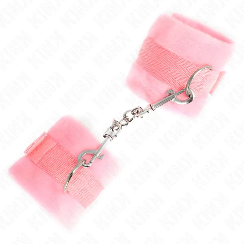 Bandes poignets BDSM rose en cuir végétalien, rembourrées, ajustables, avec fermoir métallique, design élégant et éthique.