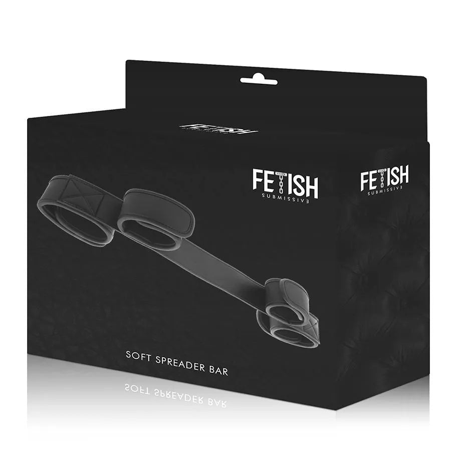 Barre écartement BDSM noire en néoprène et cuir vegan, rembourrée, avec velcro ajustable pour poignets et chevilles.