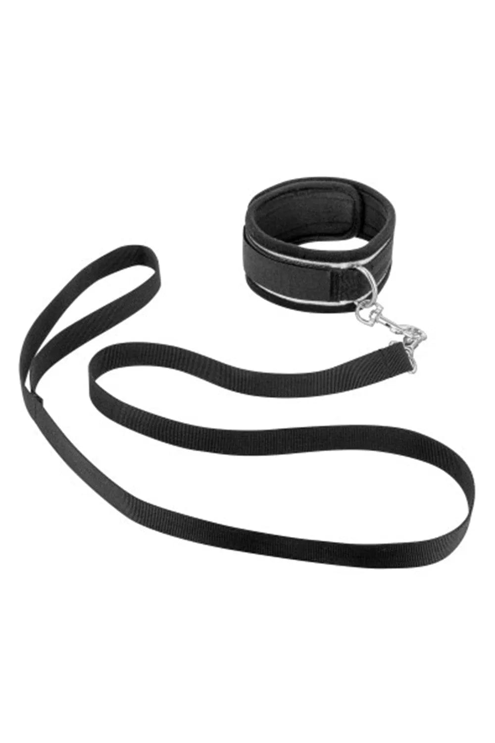 Barre écartement BDSM noire avec menottes, collier et laisse ajustables en néoprène et aluminium pour bondage.