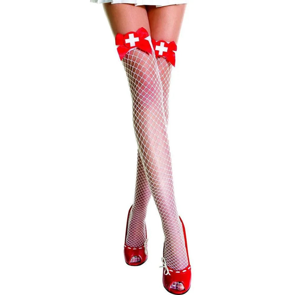 bas filet blancs sexy logo infirmière nylon élasthanne robuste élégant séduisant glamour extensible maintien résille couture