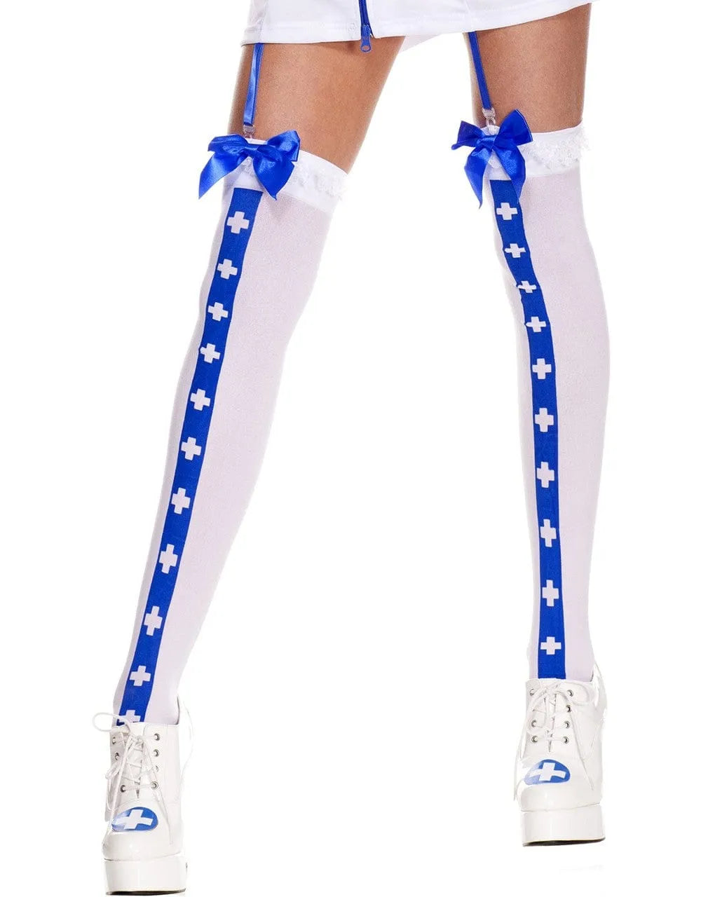 Bas blancs opaques avec bande bleue à croix, nœuds satinés, style infirmière, nylon doux, porte-jarretelles inclus.