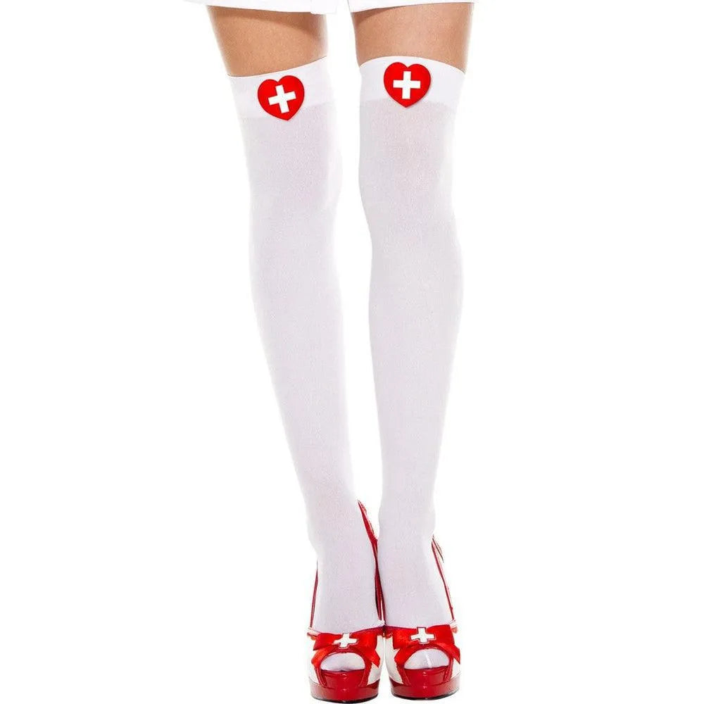 bas blanc sexy opaques nylon confortables doux couvrants maintien extensible galbant séduisant glamour infirmière déguisement striptease soirées
