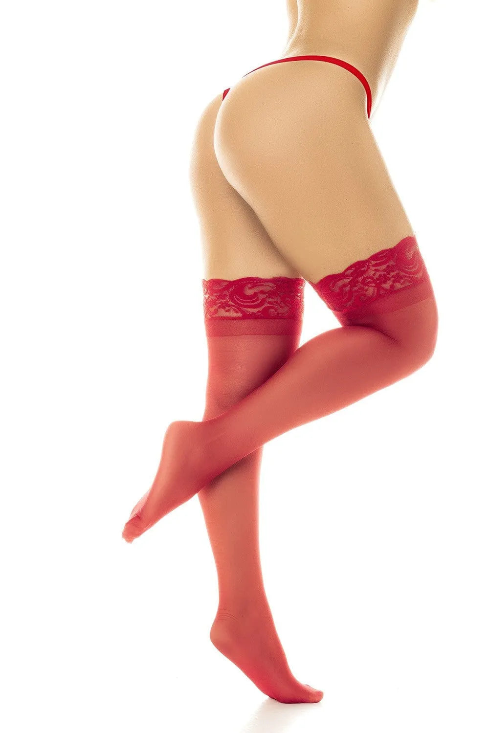 Bas nylon rouge dentelle raffinée, bande silicone antidérapante, élastiques et doux, compatible porte-jarretelles.