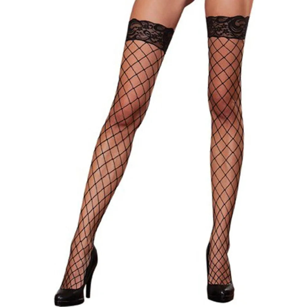 Bas noir autofixant femme résille sexy jarretières dentelle florale bandes silicone nylon elasthanne confortable maintien extensible soirée élégant intemporel