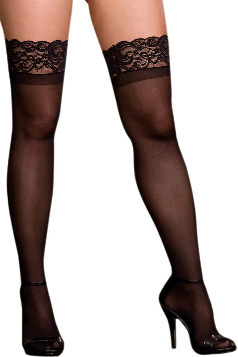 Bas noirs grande taille semi-opaques avec jarretières en dentelle, élégants et raffinés pour occasions spéciales.