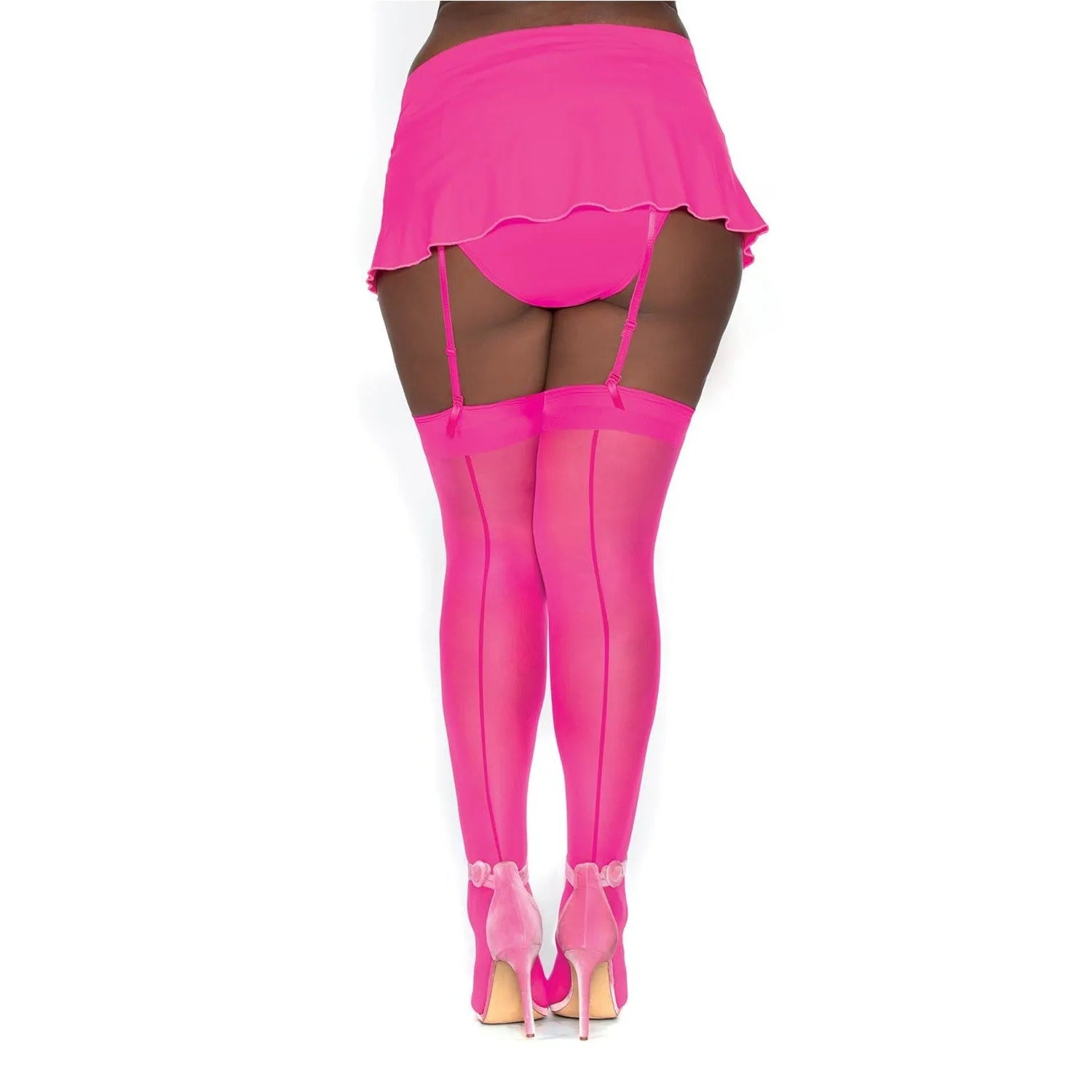 Bas nylon rose néon semi-opaque avec jarretière, liseré arrière, tenue élégante et audacieuse, confort et style.