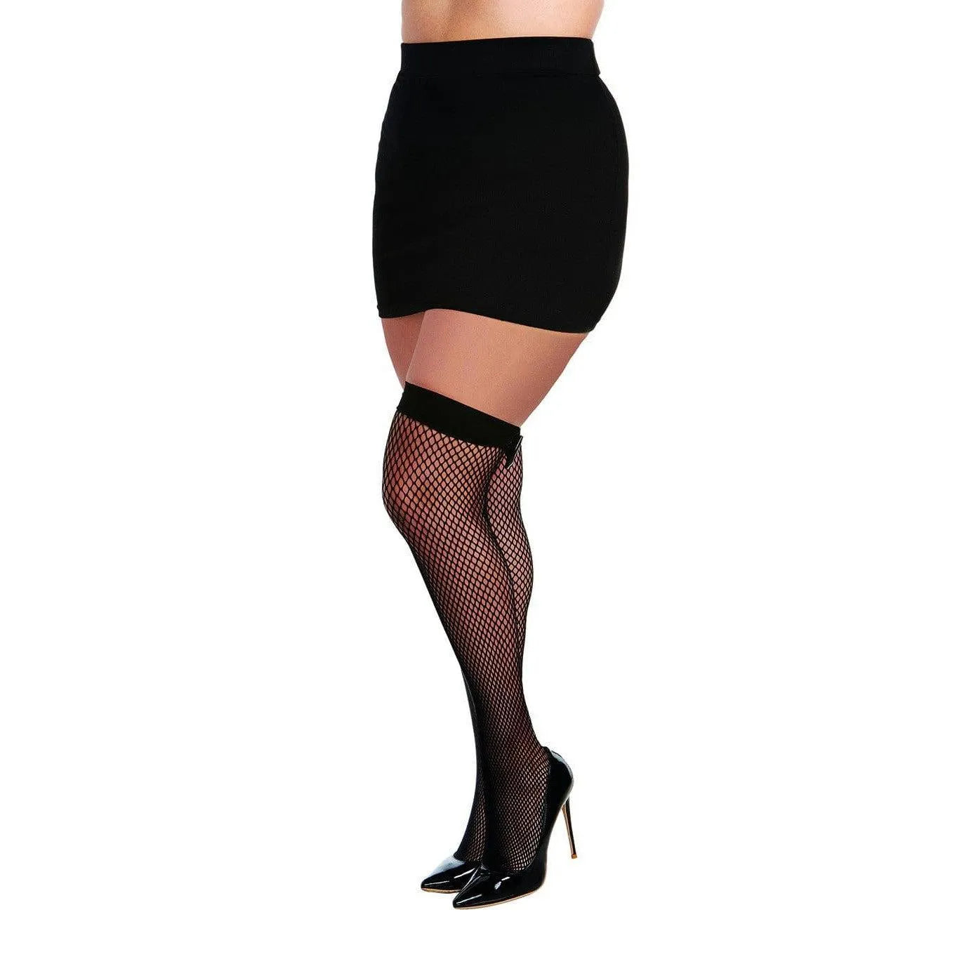 Bas résille grande taille noir avec jarretière opaque et nœud brillant, allure élégante et séduisante.