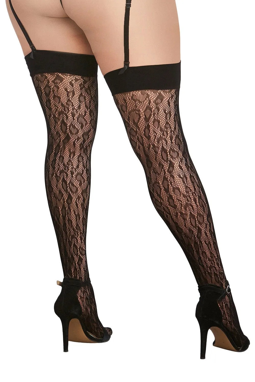 Bas résille noir grande taille motif léopard, bande haute cuisse, élégance et sensualité pour toutes les silhouettes.