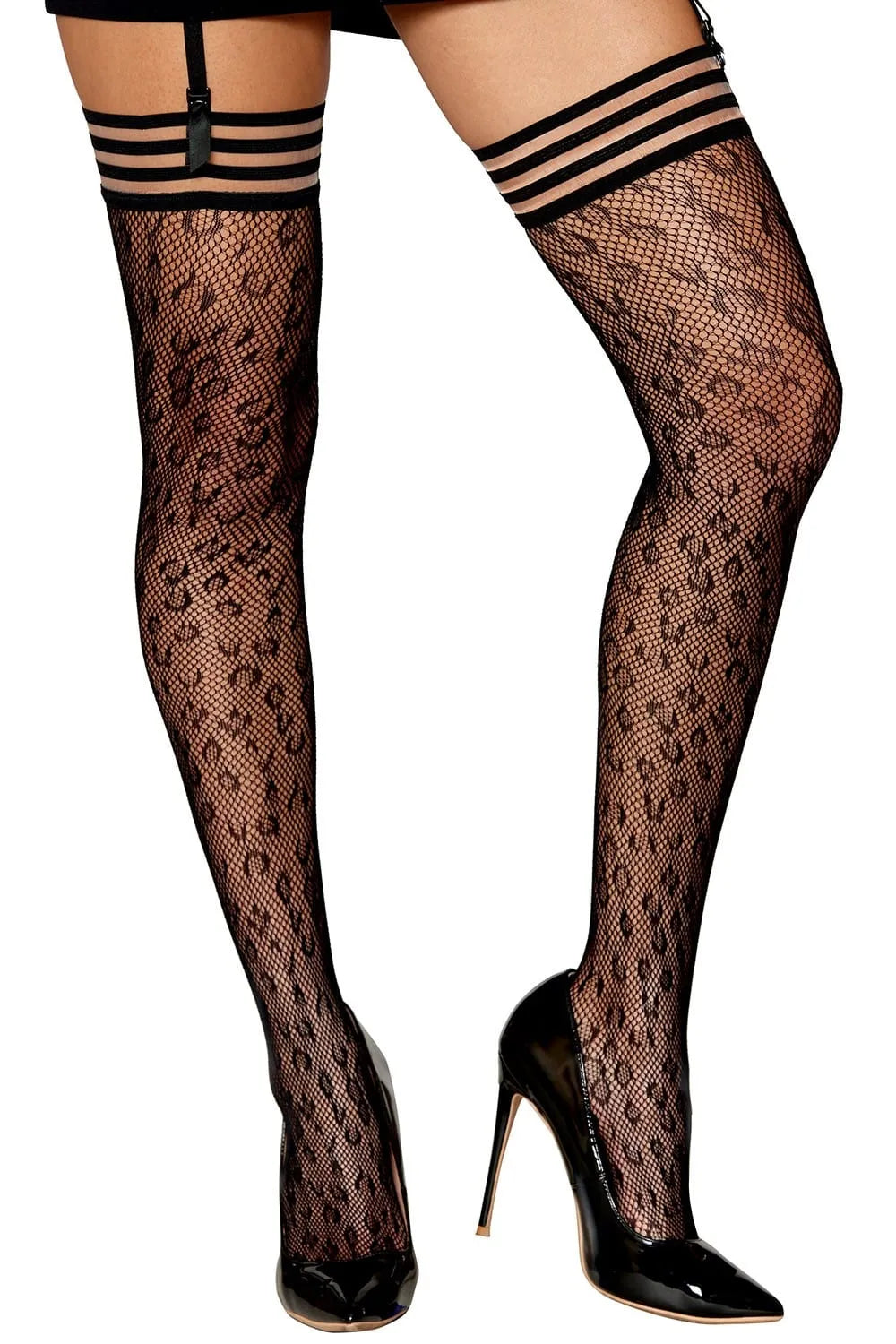 bas résille léopard glamour sexy maintien bande élastique rayée extensible confort nylon élasthanne taille unique soirée séduction