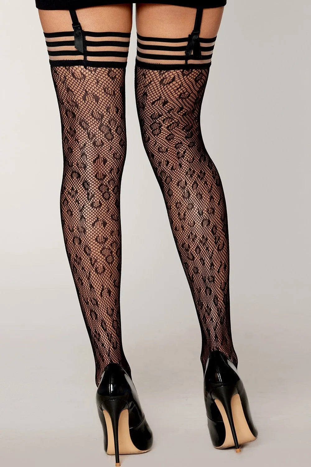 Bas résille léopard noir avec bande élastique rayée, maintien optimal, style glamour et séduction, taille unique.