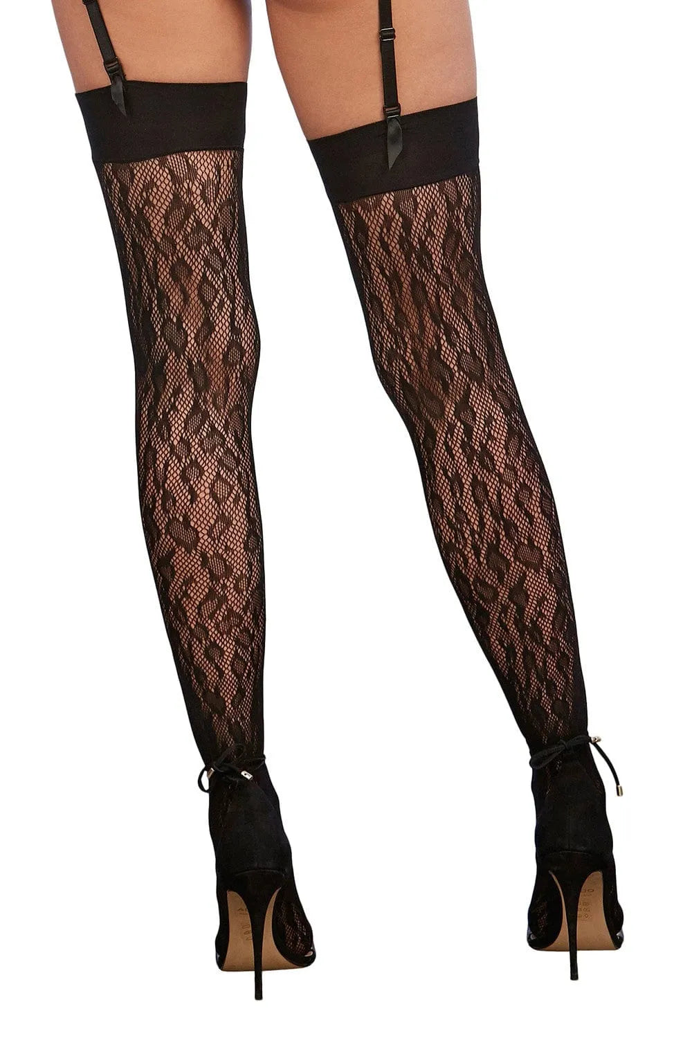 Bas résille noir motif léopard, bande haute cuisse, élégant et audacieux, pour sublimer la silhouette en soirée.