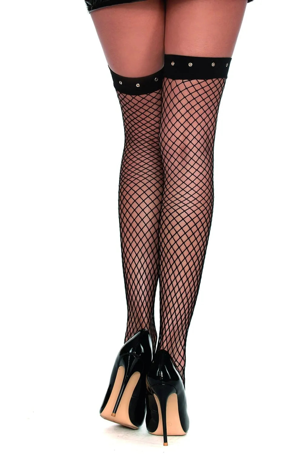 Bas résille noir avec œillets argentés, large bande, nylon élasthanne, ajustement parfait, glamour et chic.