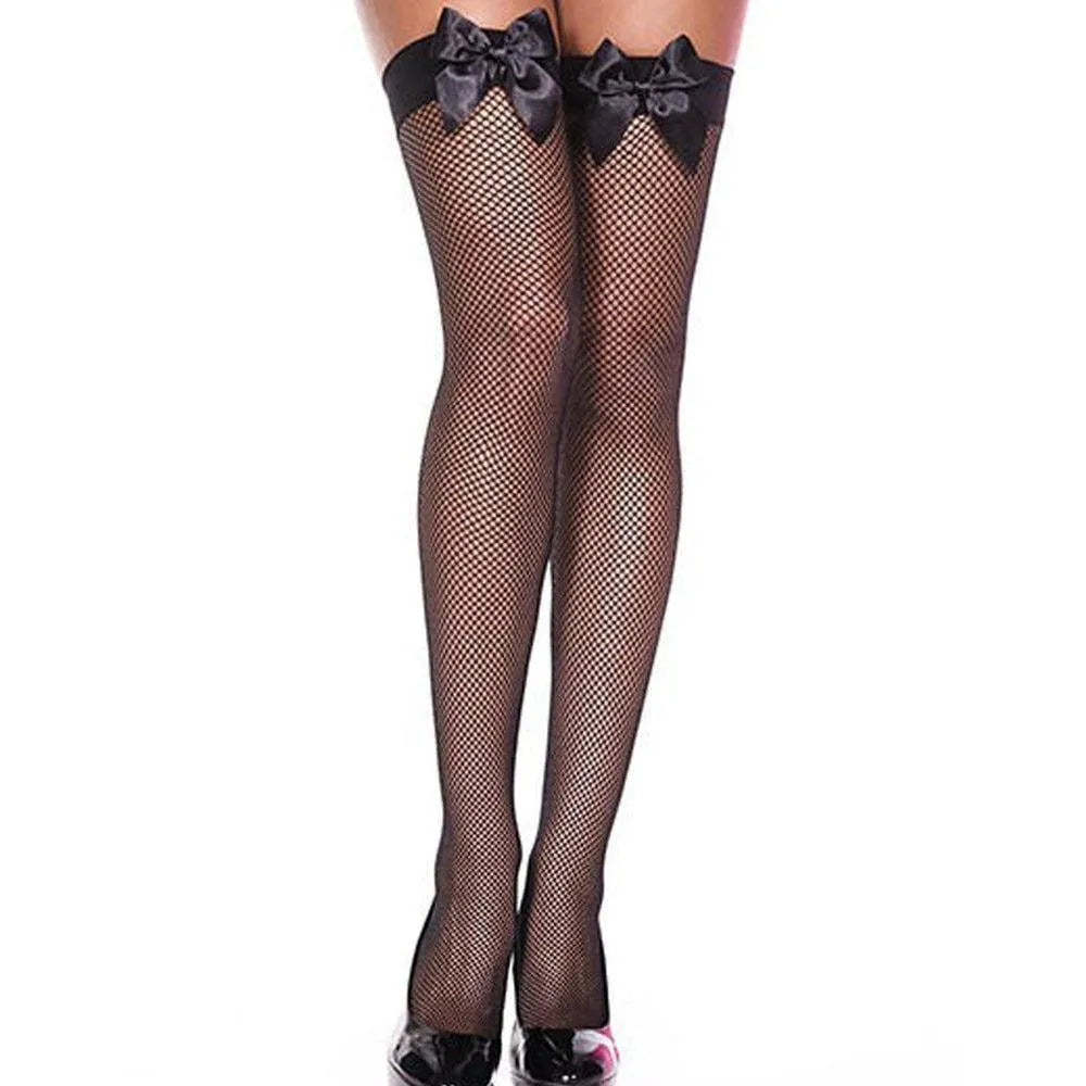 Bas résille noirs nœud satiné jarretière maille fine transparent élégant séduisant glamour féminin confortable nylon durable galbant chic