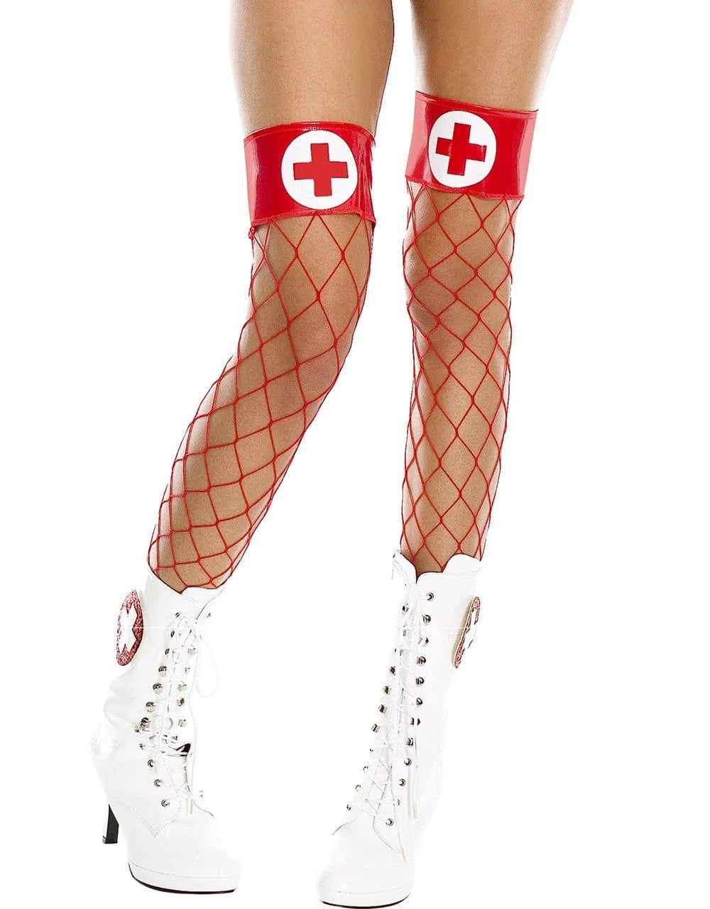 Bas résille rouges sexy avec jarretières brillantes et motif croix, élégants et glamour, pour tenue infirmière séduisante.