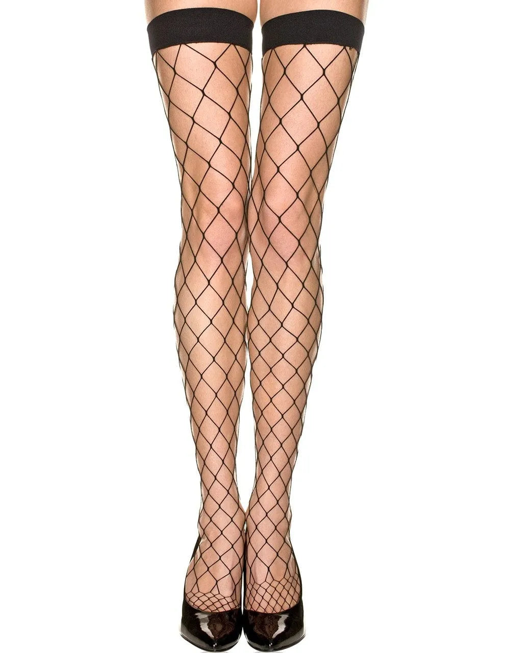 Bas résille noir élégant avec jarretière opaque, motif large, nylon extensible, chic et sensuel pour soirée.