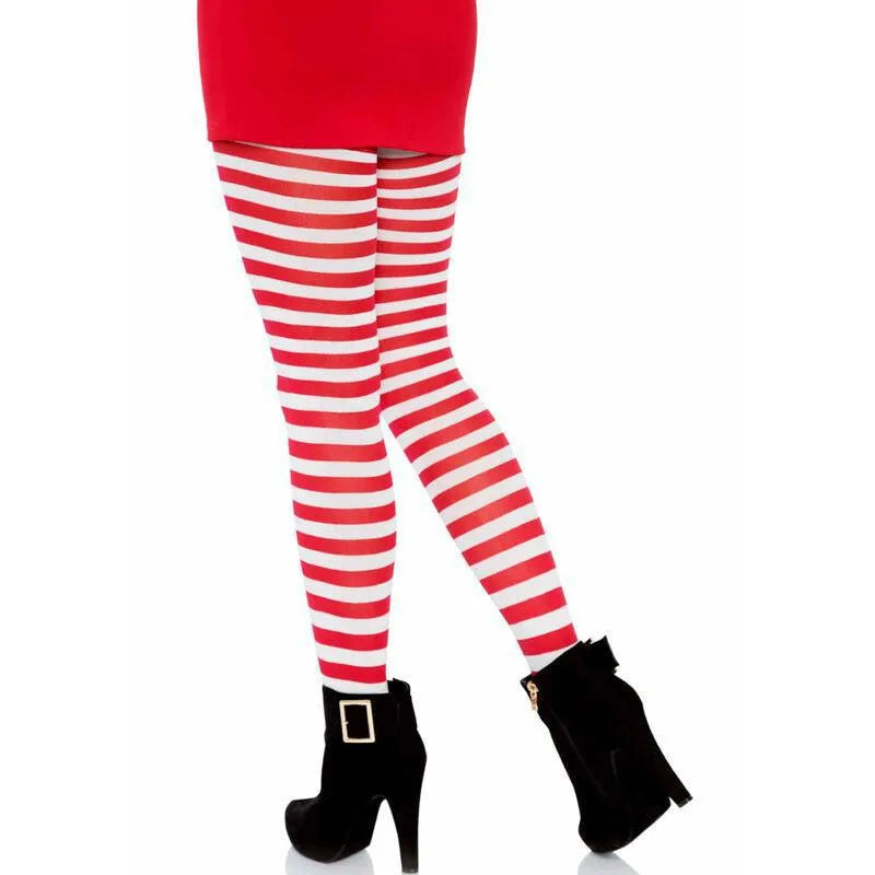 Bas rayés rouges et blancs femme, nylon extensible, élégants, confortables, tendance, silhouette raffinée, style festif.