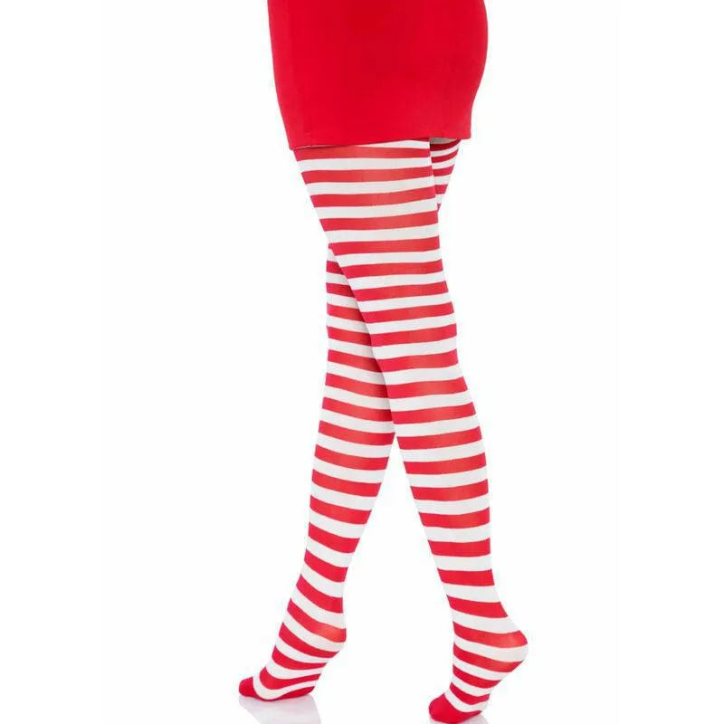 Bas rayés rouges et blancs femme, nylon extensible, confortables, élégants, tendance, silhouette raffinée, festifs.