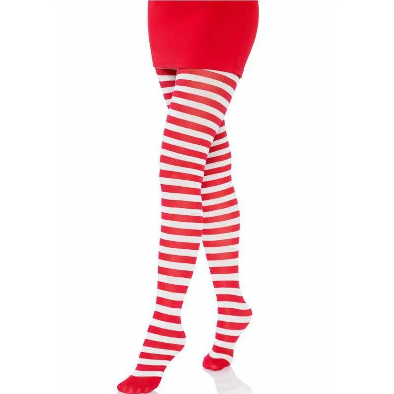 Bas femme rayés rouges et blancs, nylon extensible, élégants et confortables, style moderne et festif.
