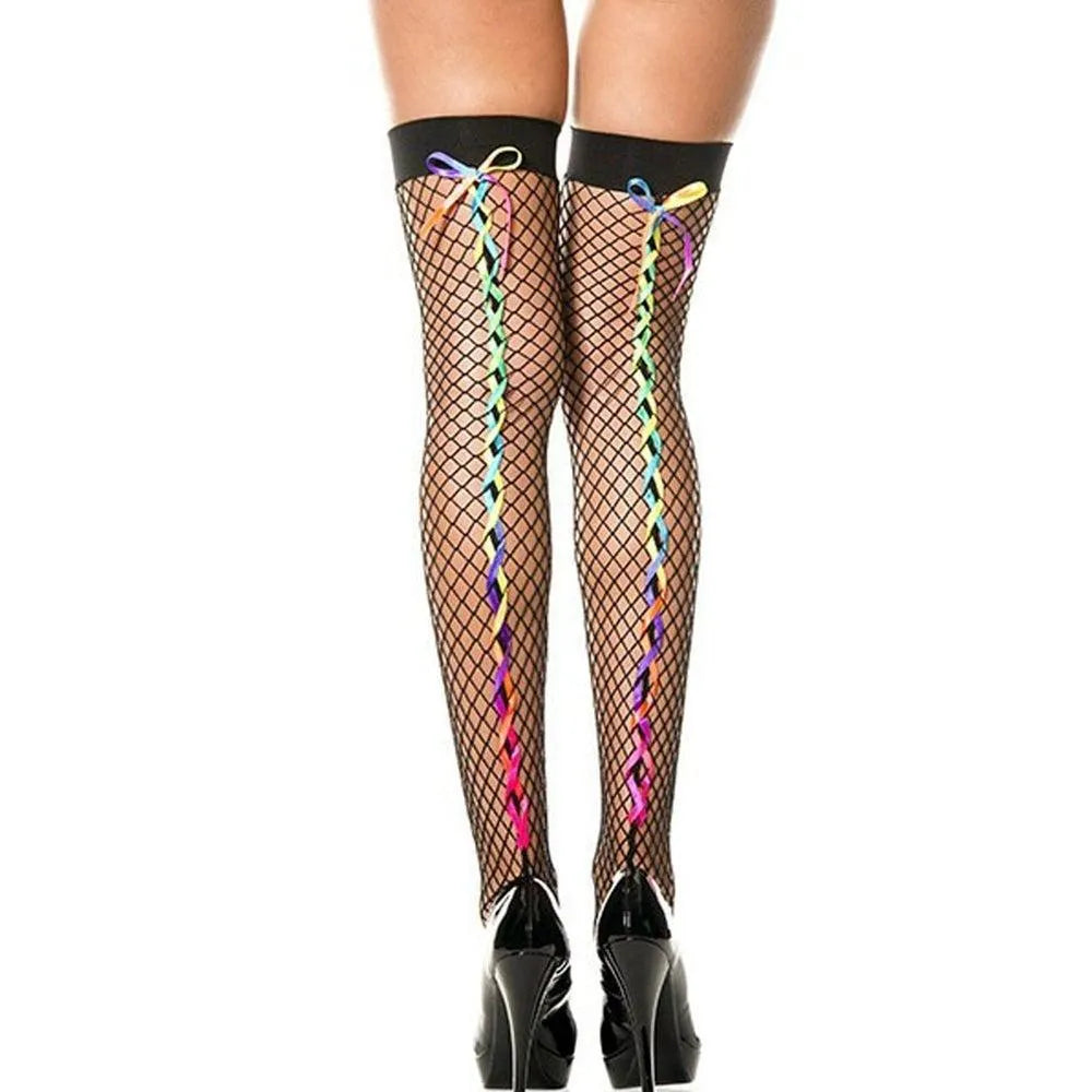 bas résille filet noir autofixant rubans tressés arcenciel gai glamour extensible résistant nylon élasthanne taillesmultiples confortable festif audacieux