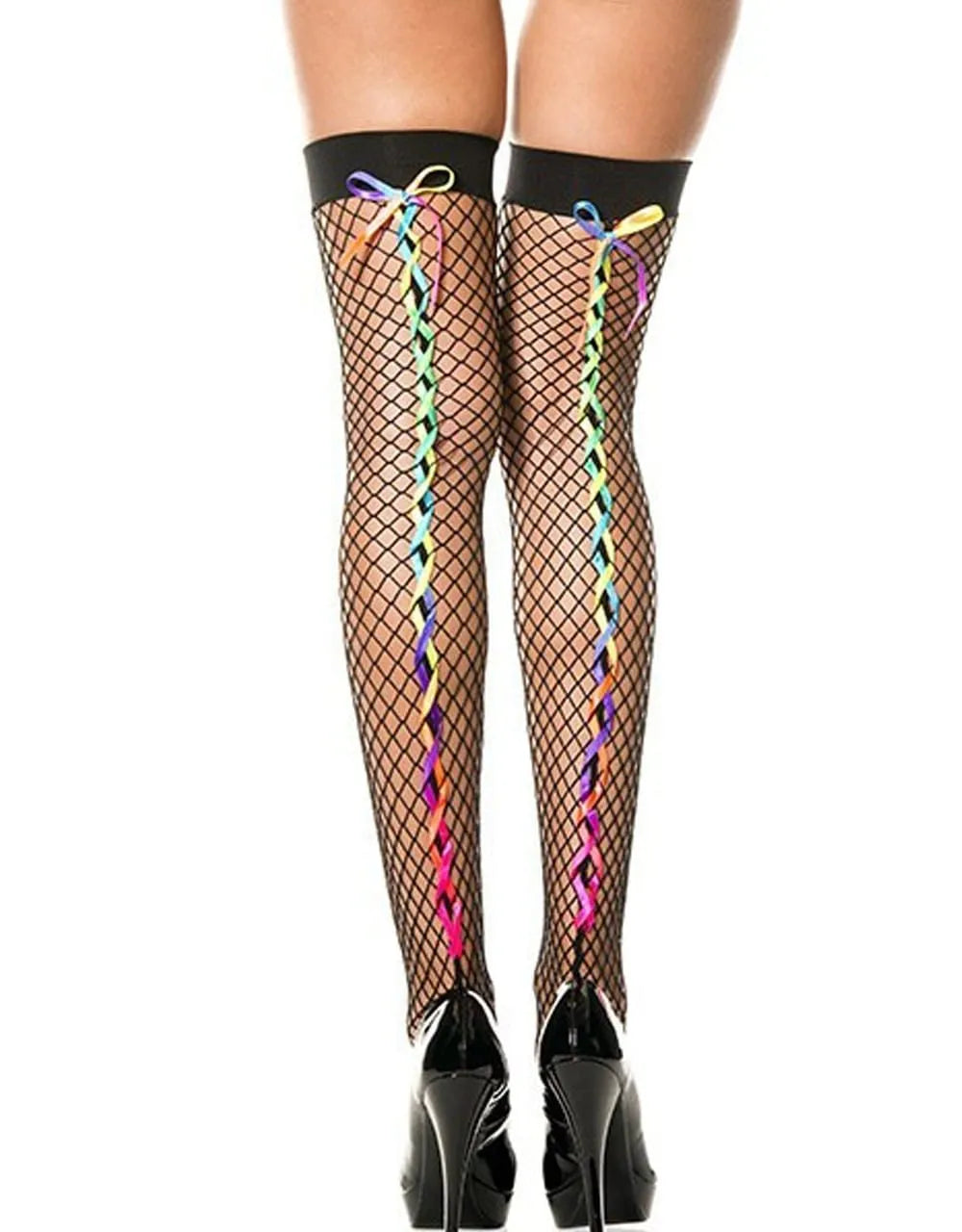 Bas résille noir autofixant avec rubans arc-en-ciel tressés, glamour et festif, en nylon élasthanne, vue arrière.