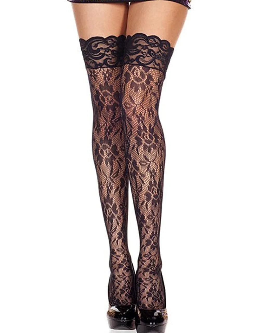 Bas autofixants noirs résille florale, jarretières dentelle élégante, confortables et sexy pour une allure glamour.